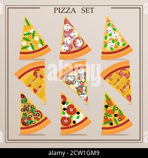 Un ensemble de tranches de pizza plates. Illustration vectorielle d'un assortiment de pizzas. Couper des morceaux d'un plat italien avec des tomates, du poulet, du salami, du saumon, du fromage, du poivre, du Chili, de l'oignon, de l'arugula, du basilic et des champignons. Différents types de collations pour végétariens et végétaliens. Margarita, hawaïenne, pepperoni, fruits de mer, cuisine mexicaine Illustration de Vecteur