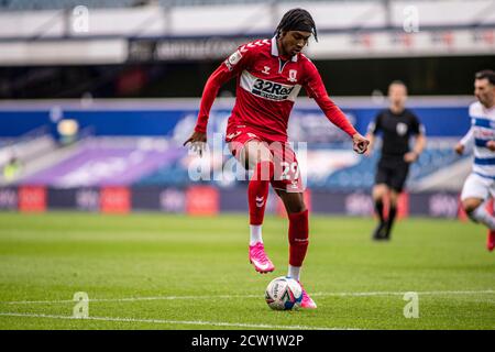 Londres, Royaume-Uni. 26 septembre 2020. Djed Spence (29) de Middlesbrough en action. EFL Skybet Championship Match, Queens Park Rangers et Middlesbrough au Kiyan Prince Foundation Stadium, Loftus Road à Londres, le samedi 26 septembre 2020. Cette image ne peut être utilisée qu'à des fins éditoriales. Utilisation éditoriale uniquement, licence requise pour une utilisation commerciale. Aucune utilisation dans les Paris, les jeux ou les publications d'un seul club/ligue/joueur. photo par Tom Smeeth/Andrew Orchard sports Photography/Alay Live News crédit: Andrew Orchard sports Photography/Alay Live News Banque D'Images