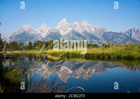 Vue classique des Grands Tetons, Schwabacher's Landing, parc national de Grand Teton, Wyoming, États-Unis Banque D'Images