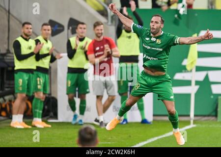 Gdansk, Pologne. 26 septembre 2020. Flavio Paixao de Lechia célèbre un but pendant le match polonais Ekstraklasa entre Lechia Gdansk et TS Podbeskidzie Bielsko Biala.(score final; Lechia Gdansk 4:0 TS Podbeskidzie Bielsko Biala) crédit: SOPA Images Limited/Alay Live News Banque D'Images