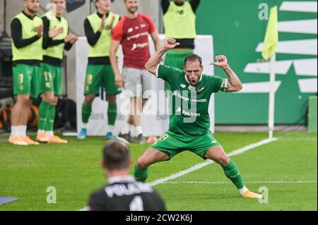 Gdansk, Pologne. 26 septembre 2020. Flavio Paixao de Lechia célèbre un but pendant le match polonais Ekstraklasa entre Lechia Gdansk et TS Podbeskidzie Bielsko Biala.(score final; Lechia Gdansk 4:0 TS Podbeskidzie Bielsko Biala) crédit: SOPA Images Limited/Alay Live News Banque D'Images