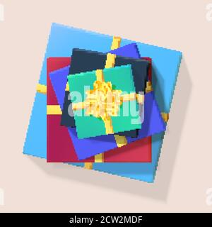 Pile de boîtes-cadeaux colorées avec rubans dorés et noeud papillon. Illustration 3d vectorielle. Vue de haut en bas. Illustration de Vecteur