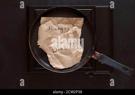 Flat Lay de morceaux de papier brun avec les mots FAIM et RÉGIME dans la poêle. Texte manuscrit sur des morceaux de papier déchirés. La poêle se trouve sur le BTS à gaz Banque D'Images