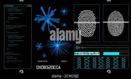 Éléments HUD futuristes sur un écran d'ordinateur avec balayage humain, identification des bactéries, structure moléculaire et empreintes digitales sur un écran. HiTech I Banque D'Images