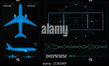 Éléments futuristes HUD sur un écran d'ordinateur avec plan d'avion militaire, code et système de navigation sur un écran. Illustration HiTech Banque D'Images