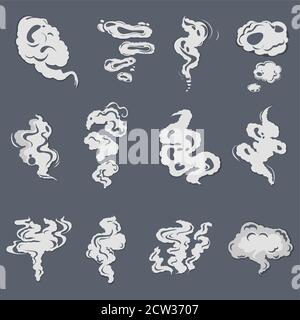 Effets de fumée, nuages de vapeur de dessin animé, bouffée et brume, brouillard vapeur liquide et explosion de poussière. Symbole de motif vectoriel fumé, effet stink blanc, illu Trail Illustration de Vecteur