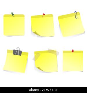 Autocollants jaunes : pince et scotch collés. Bureau d'autocollants, vierge, vide, isolé, bloc-notes de page jaune pour souvenir et papier-notes. Illustration vectorielle Illustration de Vecteur