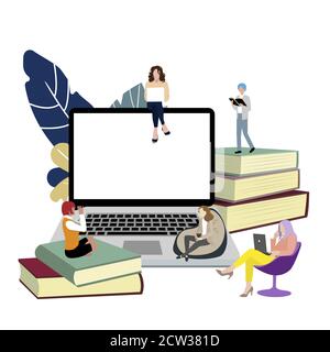 Étudier le concept en ligne. Vector enseignement à distance, école de formation à distance, les étudiants étudiant s'assoient sur des livres et un ordinateur portable, l'enseignement universitaire illustrae Illustration de Vecteur