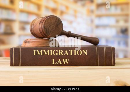 Immigration Law books avec un juge gavel sur le bureau dans la bibliothèque. Enseignement du droit, concept de livres de droit. Banque D'Images