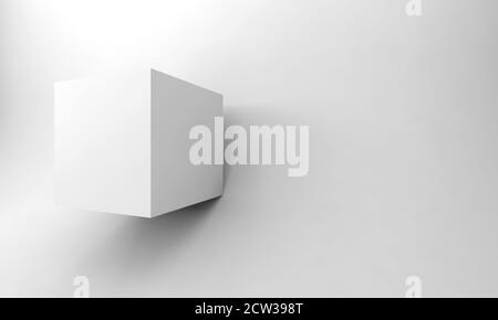 Résumé fond blanc cgi avec installation minimale d'un seul cube dans une pièce vide. illustration du rendu 3d Banque D'Images