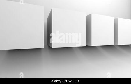 Arrière-plan CGI blanc abstrait avec installation minimale de boîtes dans une rangée. illustration du rendu 3d Banque D'Images