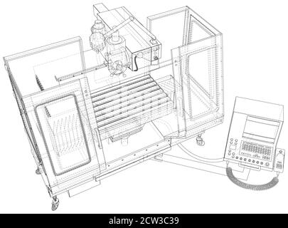 Machine CNC Lathe illustration vecteur. Ligne de cadre de fil isolée. Rendu vectoriel 3D. Illustration de Vecteur