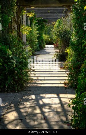 Pergola Hampsted dans Hill Gardens. Des poutres croisées en bois jettent une ombre sur le passage en pierre. Banque D'Images