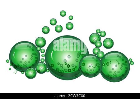 Bulles vertes brillantes isolées sur fond blanc. Boules de mousse de savon mousseux de différentes tailles. Sphères d'huile ou d'air. L'énergie nucléaire bouillonnante. Vecteur de brut Illustration de Vecteur