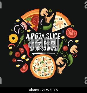 Illustration d'une affiche de pizza savoureuse tirée à la main. Restaurant isolé et amoureux de la pizza art vectoriel carte ronde avec un imprimé de chemise. Une tranche de pizza par jour permet de garder la tristesse loin. Illustration de Vecteur
