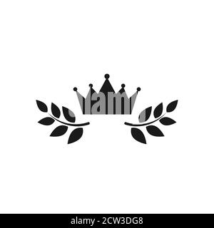 Couronne de Laurier noire avec icône couronne. Illustration vectorielle plate isolée sur blanc. Étiquette gagnante en brindilles avec feuilles vertes. Logo Victory. Premier plac Illustration de Vecteur