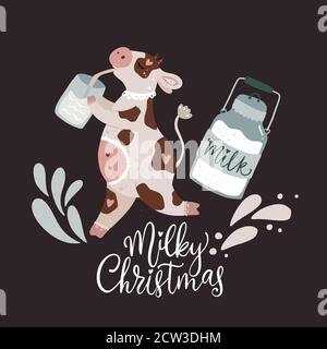 Noël mignon dessin animé dessin vectoriel de vache avec des lettres dessinées à la main - Noël laiteux. Carte de bande dessinée avec lait. Nouvelle année 2021. Illustration de Vecteur