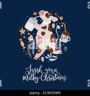 Noël mignon dessin animé cercle vache illustration vectorielle avec citation à la main. Carte d'animal pour vêtements pour enfants et affiche de bienvenue. Nouvelle année 2021. Je vous souhaite un Noël laiteux. Illustration de Vecteur
