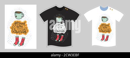 Noël vector t shirt modèle vectoriel pour enfants et adultes sur blanc et noir. Jolie illustration détaillée. Tout ce dont j'ai besoin, c'est du thé et des chaussettes chaudes. T-shirt en tissu imprimé lettrage dessiné à la main. Illustration de Vecteur