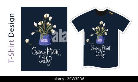 T-shirt Vector modèle vectoriel pour enfants et adultes. Illustration détaillée en coton mignon. T-shirt en tissu imprimé lettrage dessiné à la main - Crazy Plant lady. Illustration graphique en tissu fleuri. Illustration de Vecteur
