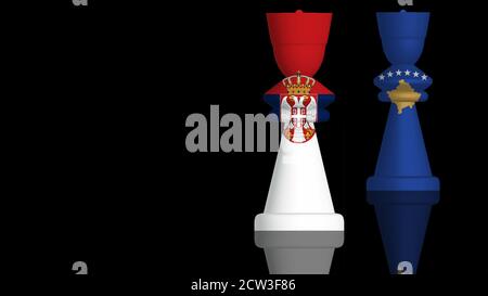 Illustration 3D d'un concept de conflit avec les drapeaux de Serbie et du Kosovo avec des pièces d'échecs peintes. Rendu 3D Banque D'Images