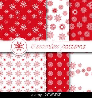 Ensemble de six motifs vectoriels de Noël sans coutures avec flocons de neige. En rouge et blanc. Illustration de Vecteur
