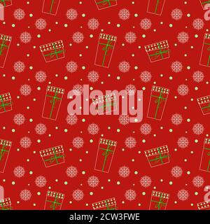Motif sans couture avec cadeaux de Noël blancs et flocons de neige, sur fond rouge. Illustration de Vecteur
