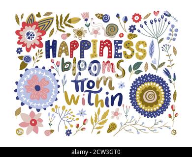Carte à lettres à motif fleuri vectoriel dans un style plat. Illustration florale ornée avec texte de calligraphie dessiné à la main citation positive - bonheur fleurs de l'intérieur. Illustration de Vecteur