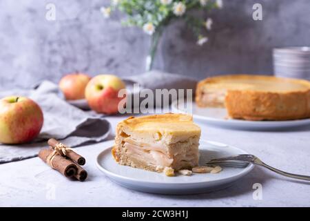 Tarte aux pommes à la cannelle et à la crème aigre. Cuisson maison. Tarte traditionnelle russe. Gros plan. Banque D'Images