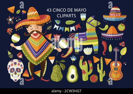 Ensemble de pièces de cinq couleurs vectorielles de Mayo. Collection d'icônes mexicaines de vacances avec des dessins animés heureux homme avec des maracas, sombrero, cactus, pinata, scull et d'autres symboles traditionnels du festival. Illustration de Vecteur
