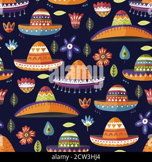 Motif mexicain sans coutures en forme de sombrero vectoriel dans un style plat. Chapeau mexicain traditionnel avec fleurs. Festival de dessin animé fond latino. Illustration de Vecteur