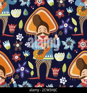 Personnage plat de dessin animé mexicain dans un sombrero avec la guitare. Motif vectoriel transparent. Mexique haut de la scène d'illustration traditionnelle de la musique fond coloré. Illustration de Vecteur