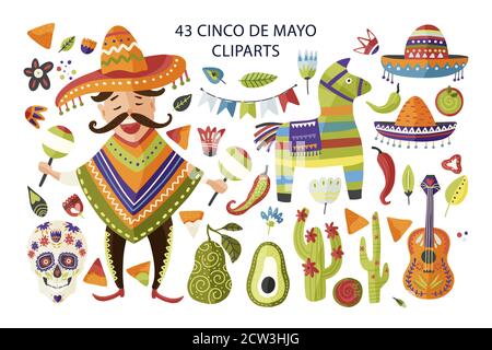 Ensemble de pièces de cinq couleurs vectorielles de Mayo. Collection d'icônes mexicaines de vacances avec des dessins animés heureux homme avec des maracas, sombrero, cactus, pinata, scull et d'autres symboles traditionnels du festival. Illustration de Vecteur