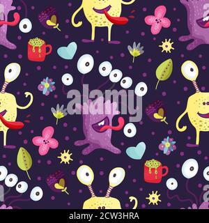 Mignon monstre de dessin animé avec beaucoup d'yeux vector sans couture motif dans un style plat. Arrière-plan drôle de personnage extraterrestre d'enfant. Papier peint animal de bête mutant sur fond sombre. Illustration de Vecteur