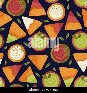 Motif vectoriel sans couture Nacho. Illustration traditionnelle mexicaine savoureuse d'en-cas avec tomate, fromage et sauce avocat. Arrière-plan de dessin animé de style plat. Illustration de Vecteur