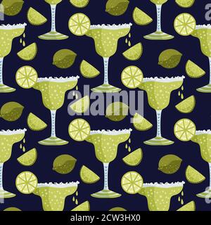 Margarita tequila martini cocktail alcool boisson vecteur sans couture motif. Faites la fête sur le fond coloré du bar avec une boisson dans un verre et une tranche de citron vert dans un style de dessin animé plat. Illustration de Vecteur