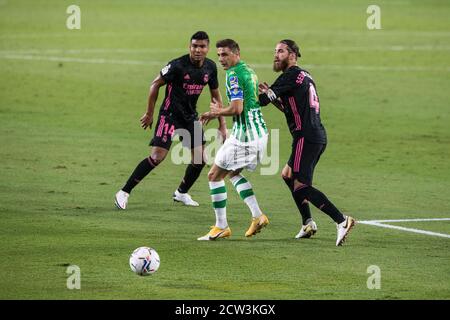 Sergio Ramos du Real Madrid, Joaquin Sanchez du Real Betis et Carlos Henrique Casemiro du Real Madrid pendant le championnat espagnol la Liga Footbal Banque D'Images