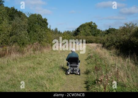 Une dame qui utilise un fauteuil roulant électrique sur des sentiers accessibles spécialement construits à Morgrove Coppice, une partie du coeur de la forêt d'Angleterre dans le Warwickshire Royaume-Uni Banque D'Images