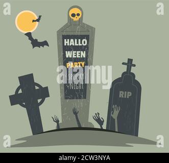 Fête d'Halloween octobre 31, cimetière de cimetière de cimetière et mains de zombies Illustration de Vecteur