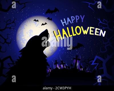 Illustration vectorielle avec un loup hurlant sur le fond de nuit avec cimetière, lumières mystiques et texte Happy Halloween. Lettrage dessiné à la main. Illustration de Vecteur