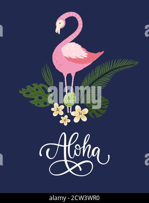 Aloha. Carte vectorielle rose à motif oiseau flamant. Affiche d'été tropicale mignonne avec citation à la main et dessin animé pour enfant. Illustration de Vecteur