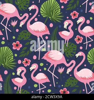 Motif Flamingo oiseau sans coutures. Dessin animé tropical été fond avec animal de jungle exotique rose, le palmier tropique et les fleurs. Illustration enfant. Illustration de Vecteur