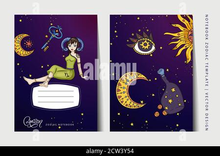 Zodiaque Capricorne fille modèle de vecteur de bloc-notes. Disposition du livre pour les formats de papier a3, a4, a5. Art. De l'éducation scolaire Astrologie Femme, symbole horoscope. Conception de la page de garde. Illustration de Vecteur