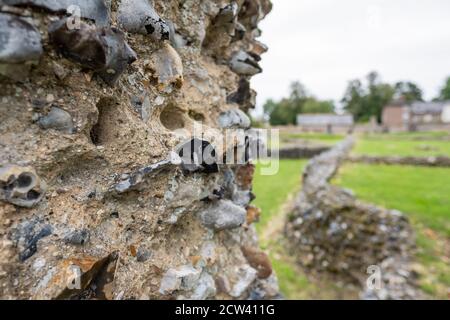 Foyer peu profond d'un très vieux mur extérieur en pierre de silex vu situé dans une ancienne ruine en Grande-Bretagne. Banque D'Images