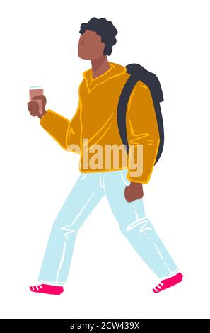 Étudiant marchant tenant une tasse de café, étudiant adolescent Illustration de Vecteur