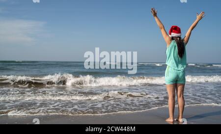 Vue arrière de la jeune femme en chapeau du Père Noël, debout sur la mer et regardant en distance le jour ensoleillé. Brunette adulte en chapeau de Noël célébrant Banque D'Images