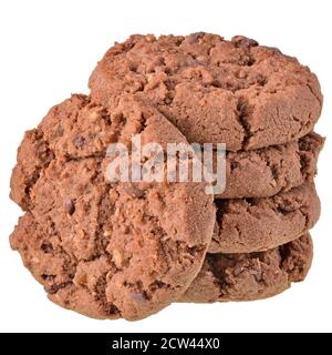 Biscuits mouesli ronds avec chocolat isolé sur fond blanc. Banque D'Images