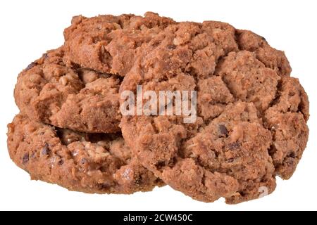 Biscuits mouesli ronds avec chocolat isolé sur fond blanc. Banque D'Images