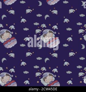 Seamless pattern. Kids collection. A cute baby sleeps sweetly under the covers. Above him the starry sky, stars, moon and clouds and sleeping sheep Banque D'Images