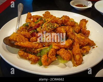 Tangsuyuk, ou porc doux et aigre, un plat populaire de porc doux et aigre coréen-chinois. Viande frite croustillante dans une délicieuse sauce douce et acidulée. Banque D'Images